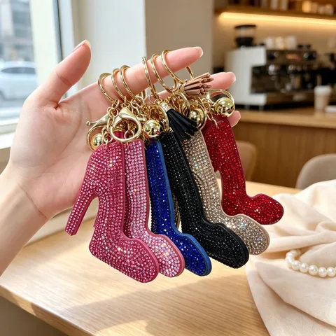 Fashion Rhinestone High-Heeled Shoe Keychain Luxury Alloy Crystal Bag Pendant With Leather Tassel For Women Handbag Charm Gift