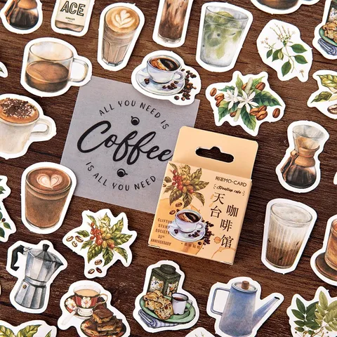 Vintage Rooftop Cafe Boxed Stickers Retro Hand-Drawn Coffee Theme Decorative Decals For DIY Scrapbooking Journal Album Diary