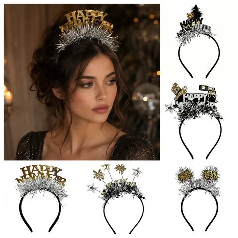 Happy New Year Party Haarreif Schwarz Gold Sterne Feuerwerk Lametta Haarschmuck Für Silvester Kostüm Dekorationen Damen Herren