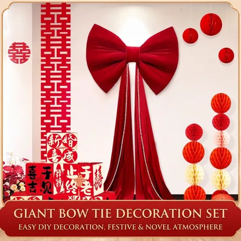 Giant Red Velvet Bow Large Decorative Satin Ribbon Wedding Window Display Party Backdrop Mall Gate Decoration Festive Bow with Long Tail