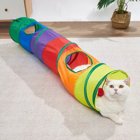 Tunnel pour Chat Arc-en-ciel Pliable Jouet pour Chats d'Intérieur Chatons Pliable 3 Voies S-Way Tunnels Droits Avec Balle Suspendue Et Plumes Polyester Durable Jouet de Tube Interactif pour Animaux de Compagnie