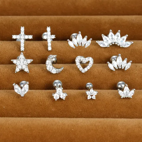 Pendientes De Cartílago De Acero Inoxidable Con Circonita Cúbica Cruz Estrella Corazón Luna Corona Joyería