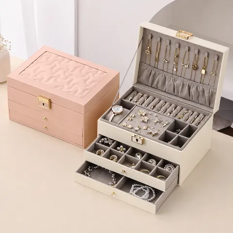 Large Capacity Double Layer PU Leather Jewelry Box Quilted Jewelry Organizer Case with Metal Lock for Necklaces Earrings Rings Women Jewelry Storage