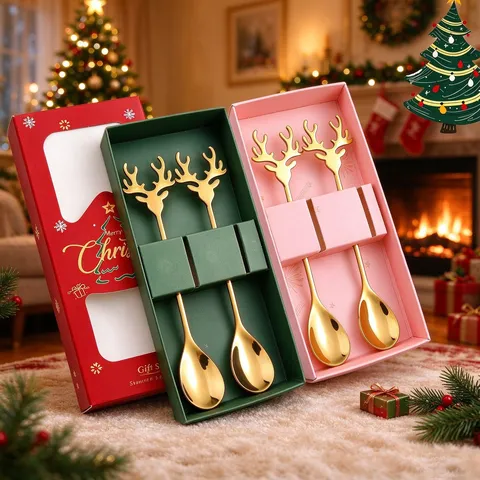 Cuillères À Café Et Fourchettes À Dessert En Corne De Renne Acier Inoxydable 304 Cadeau De Noël Couverts Polis Miroir Vaisselle