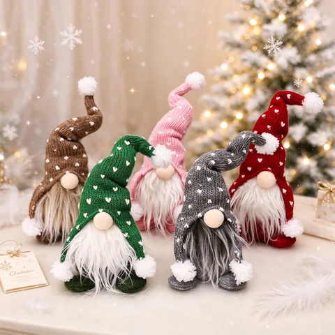 Gnome de Noël Bonnet Tricoté Pointu Poupée Sans Visage Nordic Tomte Gonk Motif Coeur Fête Cadeau Décoratif