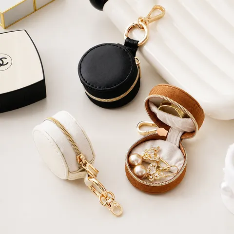 Portable Mini PU Leather Jewelry Box Keychain Bag Pendant Earrings Rings Organizer Case Travel Small Round Earring Storage Box