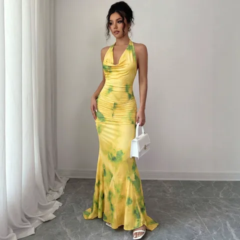 Γυναικείο Sexy Halter Neck Backless Irregular Maxi Dress French Chic Tie Dye Slit Long Party Evening Dress