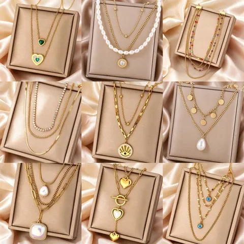 Edelstahl Mehrlagige Anhänger Halskette Für Damen Gold Strass Künstliche Perle Herz Böser Blick Römische Zahlen Modeschmuck
