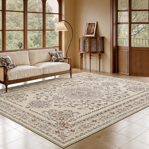 Retro Persian Area Rug Faux Cashmere Waterproof Stain Resistant Washable Non Slip Floor Mat For Living Room Bedroom