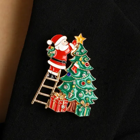 Christmas Enamel Alloy Brooch Pin Set Cartoon Santa Claus Snowman Christmas Tree Bell Reindeer Lapel Badge Festive Jewelry For Party Gift