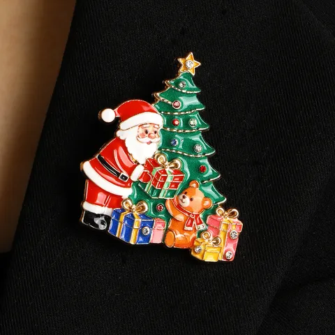 Christmas Enamel Alloy Brooch Pin Set Cartoon Santa Claus Snowman Christmas Tree Bell Reindeer Lapel Badge Festive Jewelry For Party Gift