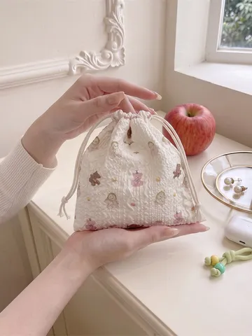 Borsa Portaoggetti Con Coulisse In Seersucker Portatile Leggera Pochette In Tessuto A Bolle Per Trucco Viaggio Organizzazione Floreale