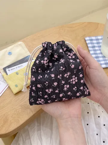 Borsa Portaoggetti Con Coulisse In Seersucker Portatile Leggera Pochette In Tessuto A Bolle Per Trucco Viaggio Organizzazione Floreale