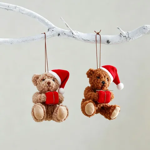 Christmas Plush Teddy Bear Ornament Cute Mini Bear Pendant With Santa Hat Gift Box For Xmas Tree Decor