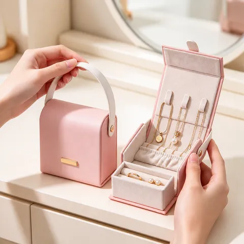Portable Travel Jewelry Box Mini PU Leather Jewelry Organizer Case With Handle For Rings Earrings Necklace Storage Jewelry Box