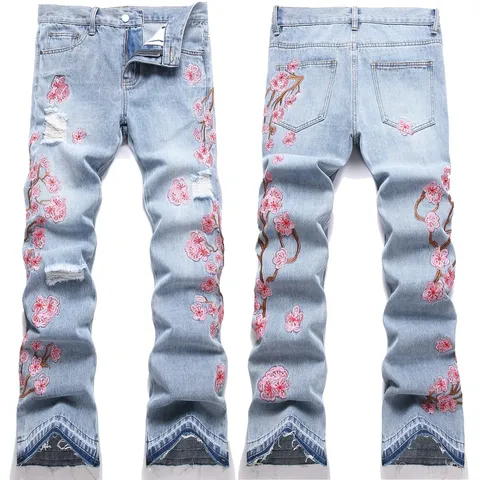 Men Jeans Cotton Denim Light Blue Ripped Distressed Pants Pink Sakura Floral Embroidery Streetwear Flare Leg Trousers For Men