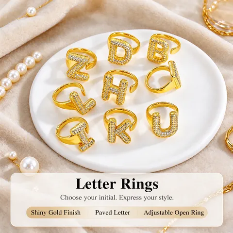 Gold Silver Plated Copper Letter A-Z Initial Rings For Women Unisex Inlaid Zirconia Adjustable Open Finger Ring Fashion Jewelry