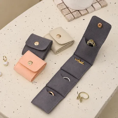 Portable Microfiber Leather Mini Jewelry Bag Divided Travel Storage Pouch For Earrings Rings Jewelry Organizer Case With Metal Snap