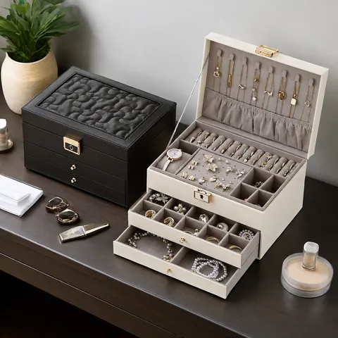 Large Capacity PU Leather Jewelry Box Three Layers Storage Organizer Box Mirror Metal Lock Case For Necklaces Rings Earrings