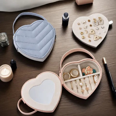 Heart-Shaped PU Leather Jewelry Box Portable Travel Jewelry Organizer With Mirror V-Stitch Quilted Pattern For Earring Ring Women Gift