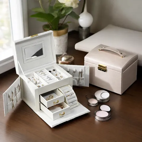 Large Capacity PU Leather Jewelry Box With Mirror And Drawers Portable Travel Jewelry Organizer Rings Necklace Storage