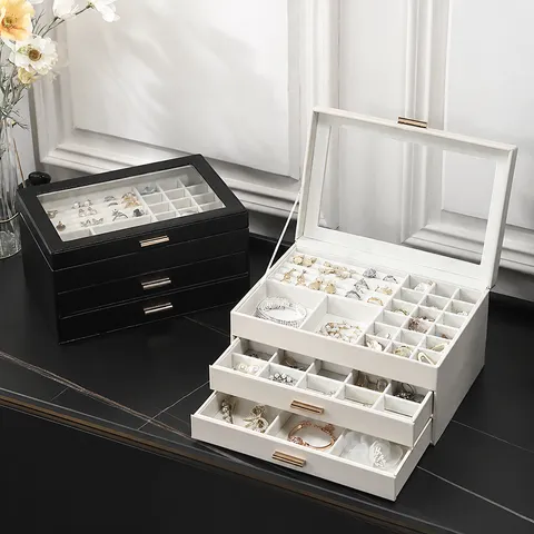 Luxury Leather Jewelry Box Large Capacity Multiple Layer Drawer Jewelry Organizer Case With Glass Lid For Earrings Rings Jewelry