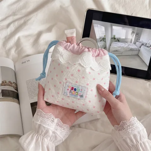 Drawstring Pouch Storage Bag Polyester Heart Lace Trim Stars Stripes Travel Makeup Toiletry Organizer Cute Japanese