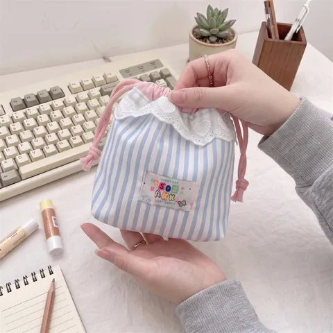 Drawstring Pouch Storage Bag Polyester Heart Lace Trim Stars Stripes Travel Makeup Toiletry Organizer Cute Japanese