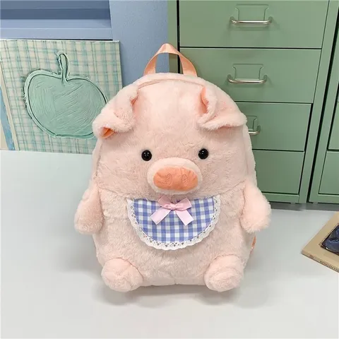 Sac à Dos Cochon en Peluche Japonais Kawaii pour Femmes Filles Mignon Dessin Animé Rose Porcelet Sac de Jour avec Décoration de Nœud à Carreaux