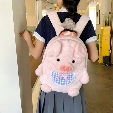 Sac à Dos Cochon en Peluche Japonais Kawaii pour Femmes Filles Mignon Dessin Animé Rose Porcelet Sac de Jour avec Décoration de Nœud à Carreaux