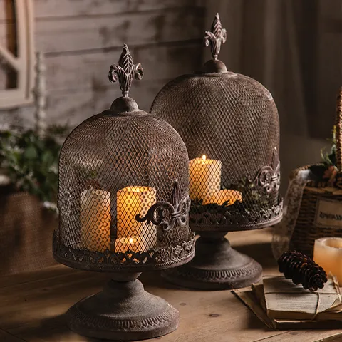 Vintage American Industrial Style Iron Birdcage Candle Holder Distressed Rust Bronze Metal Candelabra For Bedroom Homestay Photography Props Decor