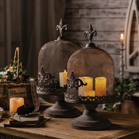 Vintage American Industrial Style Iron Birdcage Candle Holder Distressed Rust Bronze Metal Candelabra For Bedroom Homestay Photography Props Decor