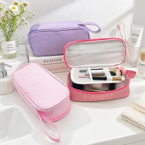 Gestreifte Seersucker Kosmetiktasche Tragbare Reise Make-up Organizer Tasche Leichte Polyester Kulturbeutel Für Damen