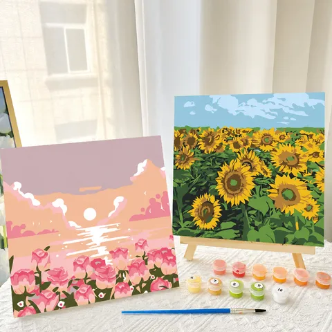 Kit Fai da Te Dipingi con i Numeri per Bambini Adulti Tela con Cornice Paesaggio Fiori Set Colori Acrilici con Mini Cavalletto in Legno Decorazione Parete