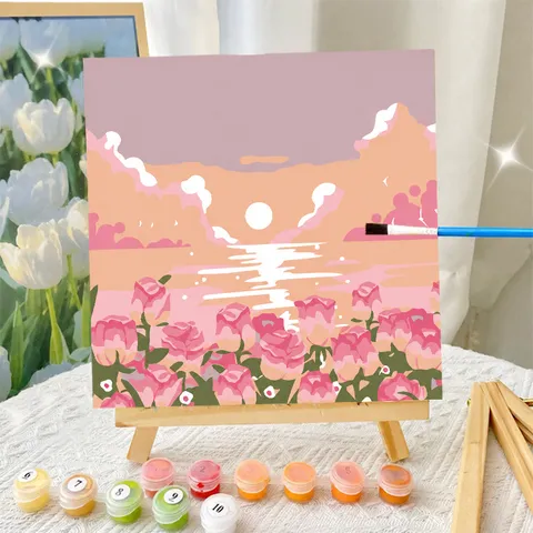 DIY Paint By Numbers Kit For Kids Adults Framed Cotton Canvas Landscape Flower Scenery Acrylic Paint Set With Mini Wood Easel Art Wall Decor