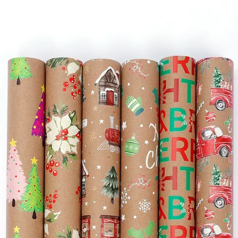 Vintage Weihnachten Kraftpapier Geschenkpapier Rolle Mit Schnittgitterlinien Schneeflocke Baum LKW Druck Geschenkverpackung Für Feiertag Haus Dekoration