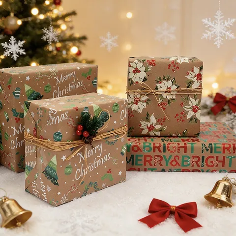 Vintage Weihnachten Kraftpapier Geschenkpapier Rolle Mit Schnittgitterlinien Schneeflocke Baum LKW Druck Geschenkverpackung Für Feiertag Haus Dekoration