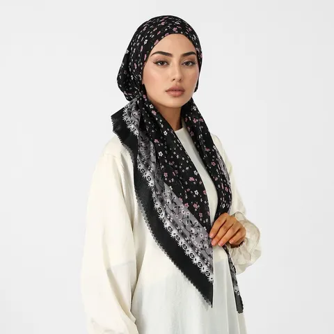 Foulard in Voile con Stampa Floreale da Donna Bordo in Pizzo Moda Decorativa Turbante Bandana Sciarpa per Uso Quotidiano Avvolgitesta Leggero Elegante