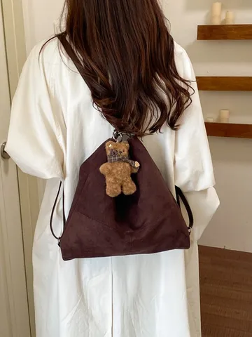 Vintage Leopard Print Large Capacity Tote Bag For Women PU Leather Casual Shoulder Crossbody Bag With Teddy Bear Pendant