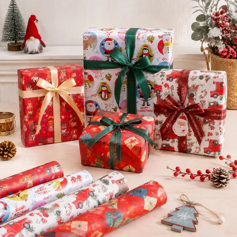 Christmas Gift Wrapping Paper Roll Art Paper Printed Cartoon Santa Reindeer Truck Holiday Present Wrap Decoration Paper