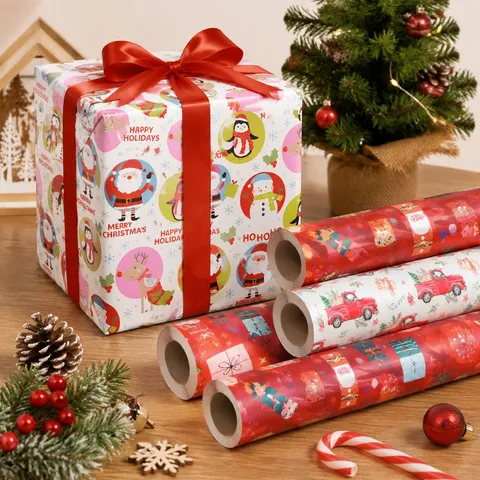 Christmas Gift Wrapping Paper Roll Art Paper Printed Cartoon Santa Reindeer Truck Holiday Present Wrap Decoration Paper