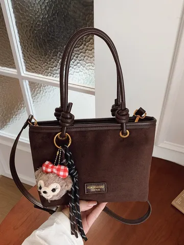 Damen Mode PU Wildleder Eimertasche Leopardenmuster Kleine Umhängetasche Mit Teddybär-Anhänger Pendler Crossbody Handtasche