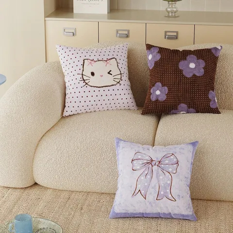 Cartoon Cat Bowknot Flower Decorative Throw Pillow Plush Soft Sofa Cushion Bedroom Bedside Backrest Polka Dot Purple Pillow