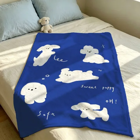 Cartoon Dog Flannel Blanket Soft Fleece Throw For Bedroom Office Nap Sofa Travel Lightweight Printed Polyester Bedding Blanket For Kids Adults