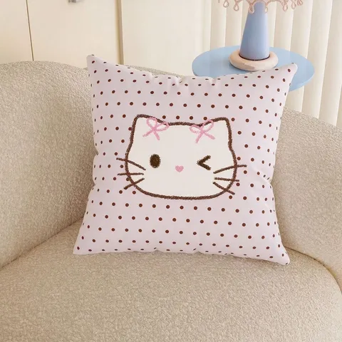 Cartoon Cat Bowknot Flower Decorative Throw Pillow Plush Soft Sofa Cushion Bedroom Bedside Backrest Polka Dot Purple Pillow