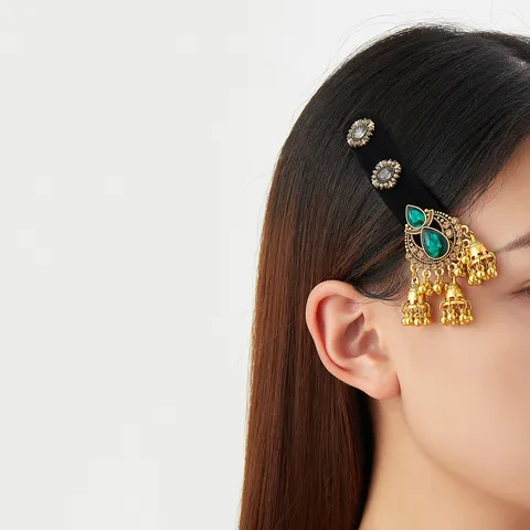 Pince à Cheveux Vintage Ethnique Strass Cloche Goutte d'Eau pour Femmes Bohème Exotique Gland de Cloche Bijoux de Tête