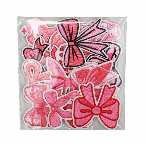 Pink Bowknot Embroidery Patch Butterfly Knot Iron On Applique Polyester Fabric Decal For Clothing Bag DIY Decoration Applique