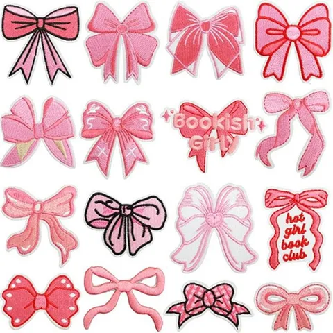 Pink Bowknot Embroidery Patch Butterfly Knot Iron On Applique Polyester Fabric Decal For Clothing Bag DIY Decoration Applique