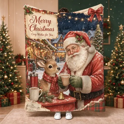 Retro Santa Claus Flannel Blanket Christmas Festival Decor Throw Blanket Warm Soft Fleece Blanket For Sofa Bed Office Nap