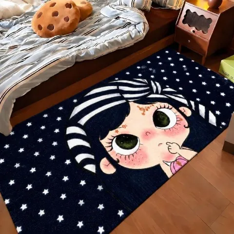 Soft Faux Cashmere Cartoon Area Rug Bedside Runner Cute Girl Leopard Print Starry Night Pattern Digital Printed Rectangle Floor Mat For Bedroom